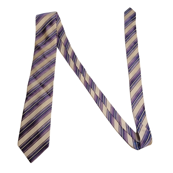 GEOFFREY BEENE 100% Silk Off White Purple Light Purple Diagonal Stripe Print Tie - Picture 4 of 6